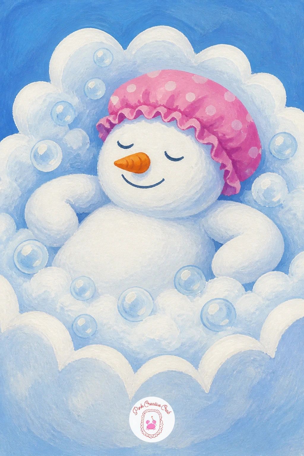 Snowman In A Bubble Bath Of Snow — Have some fun with a snowman relaxing in a tub-shaped mound of snow dotted with little bubbles, as if he is taking a bath.