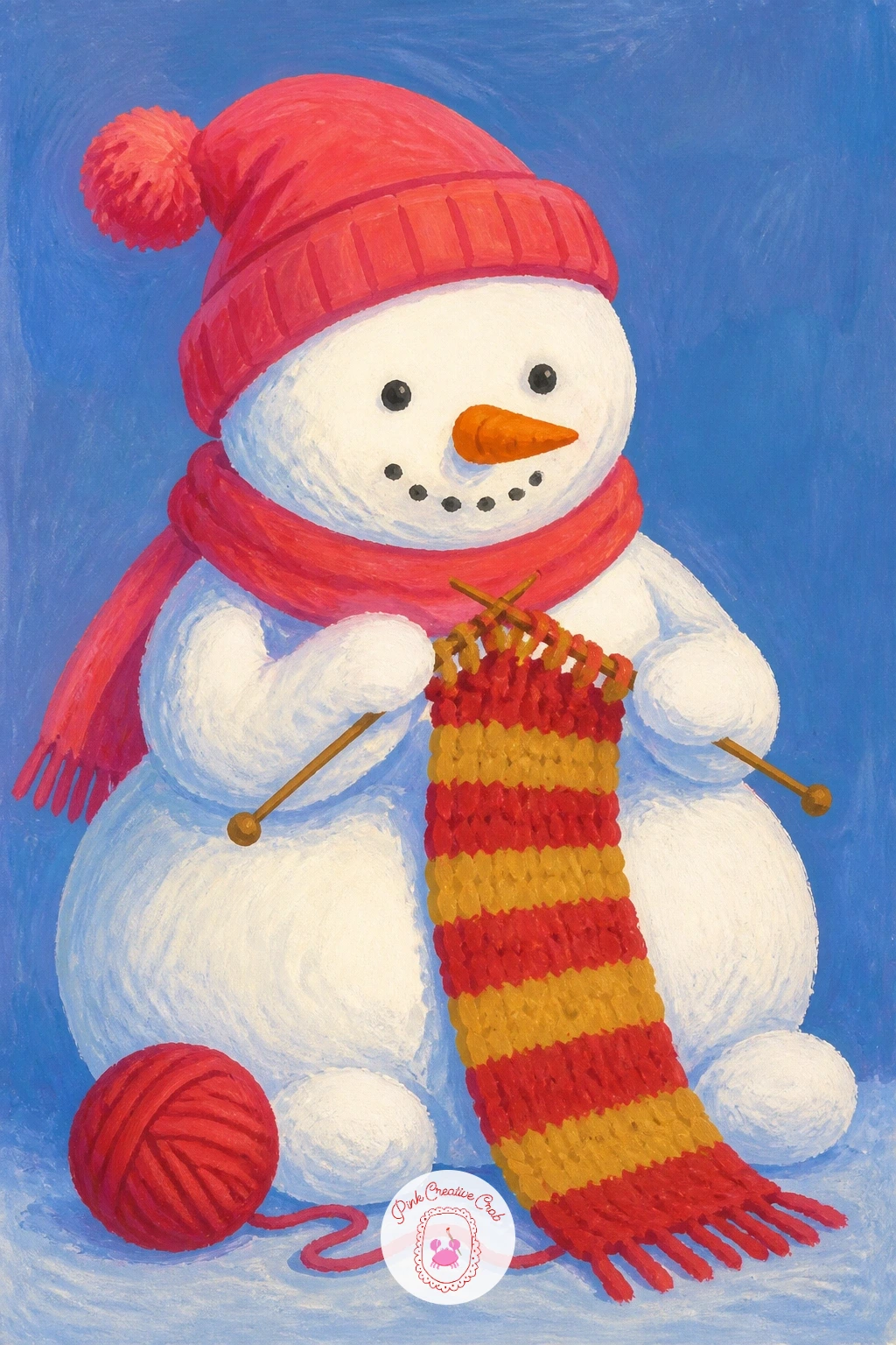 Snowman Knitting A Scarf — Settle into something quieter with a snowman knitting his own scarf, needles in hand and a loose coil of yarn at his feet. Christmas