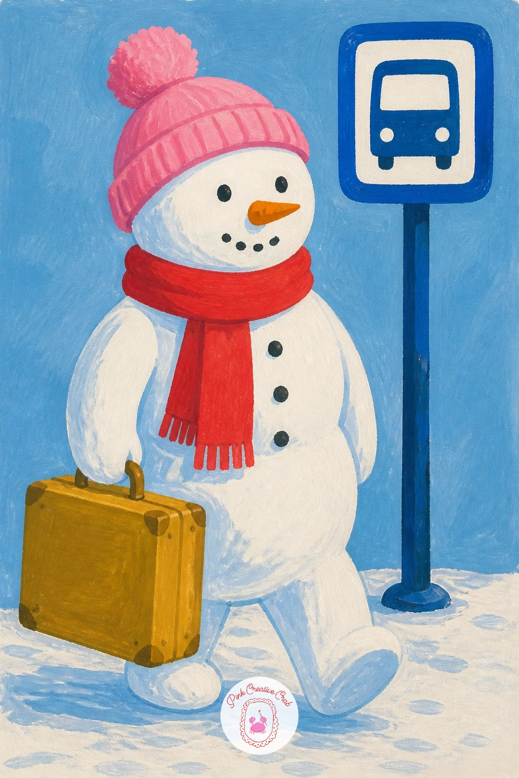 Snowman At A Bus Stop With A Suitcase — Try a travel scene next with a snowman standing at a small bus stop sign, suitcase in hand as if heading off somewhere