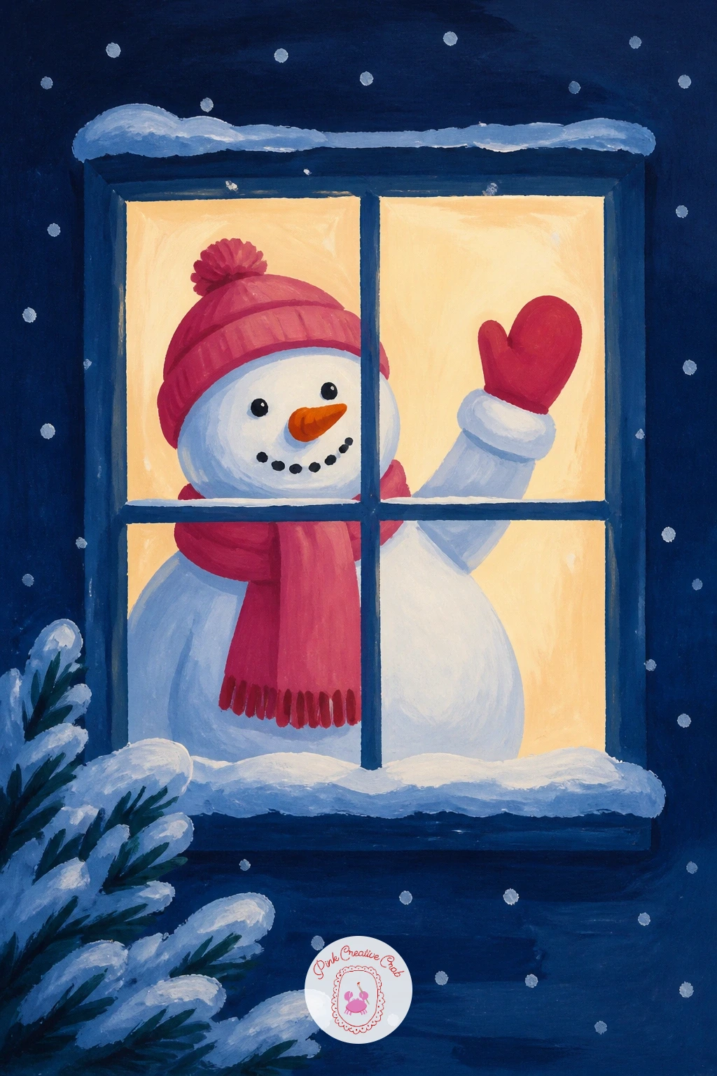 Snowman Waving From A Window — Frame a snowman peeking through a small window, one arm raised in a cheerful wave. Christmas snowman painting