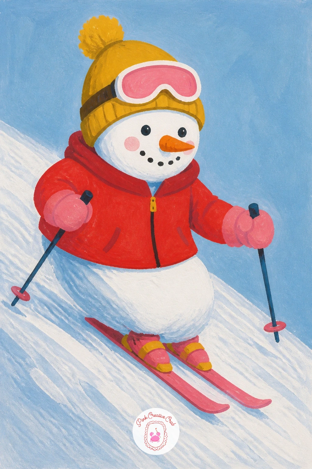 Snowman In A Ski Outfit On A Slope — Send your snowman downhill with a full ski outfit and a pair of tiny skis beneath his feet. Christmas snowman painting
