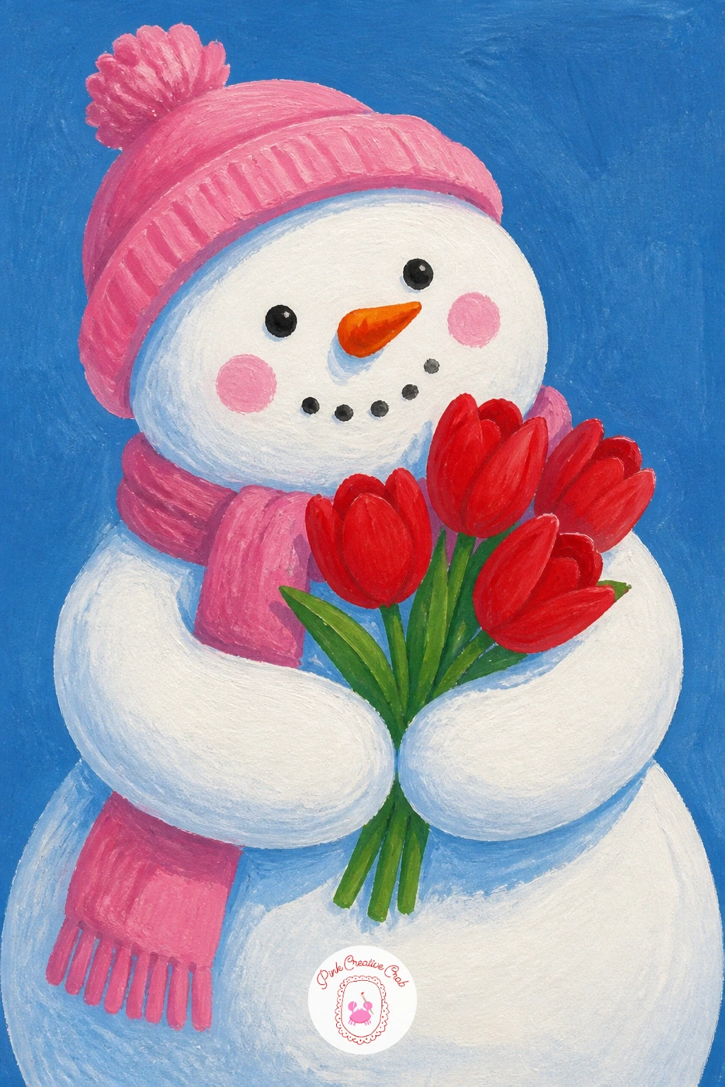 Snowman With Red Tulip Bouquet — Bring an unexpected spring note into a winter scene with a snowman holding a bouquet of bright red tulips. Christmas snowman