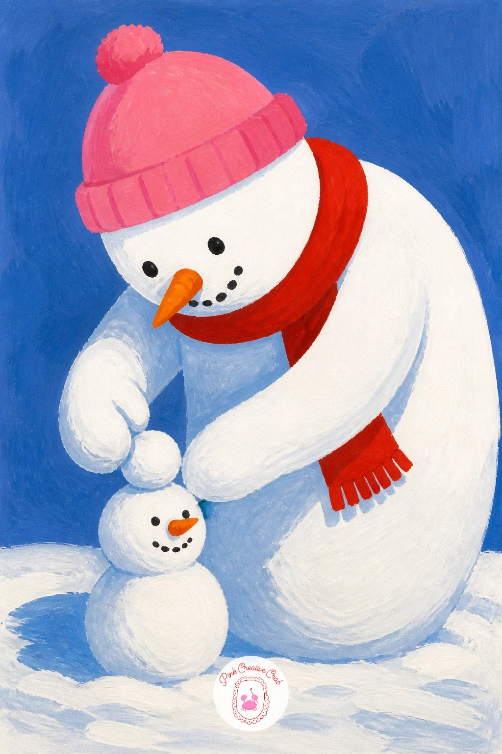 Snowman Building A Mini Snowman — Loop back to something playful and a little meta with a big snowman building his own tiny snowman. Christmas snowman painting