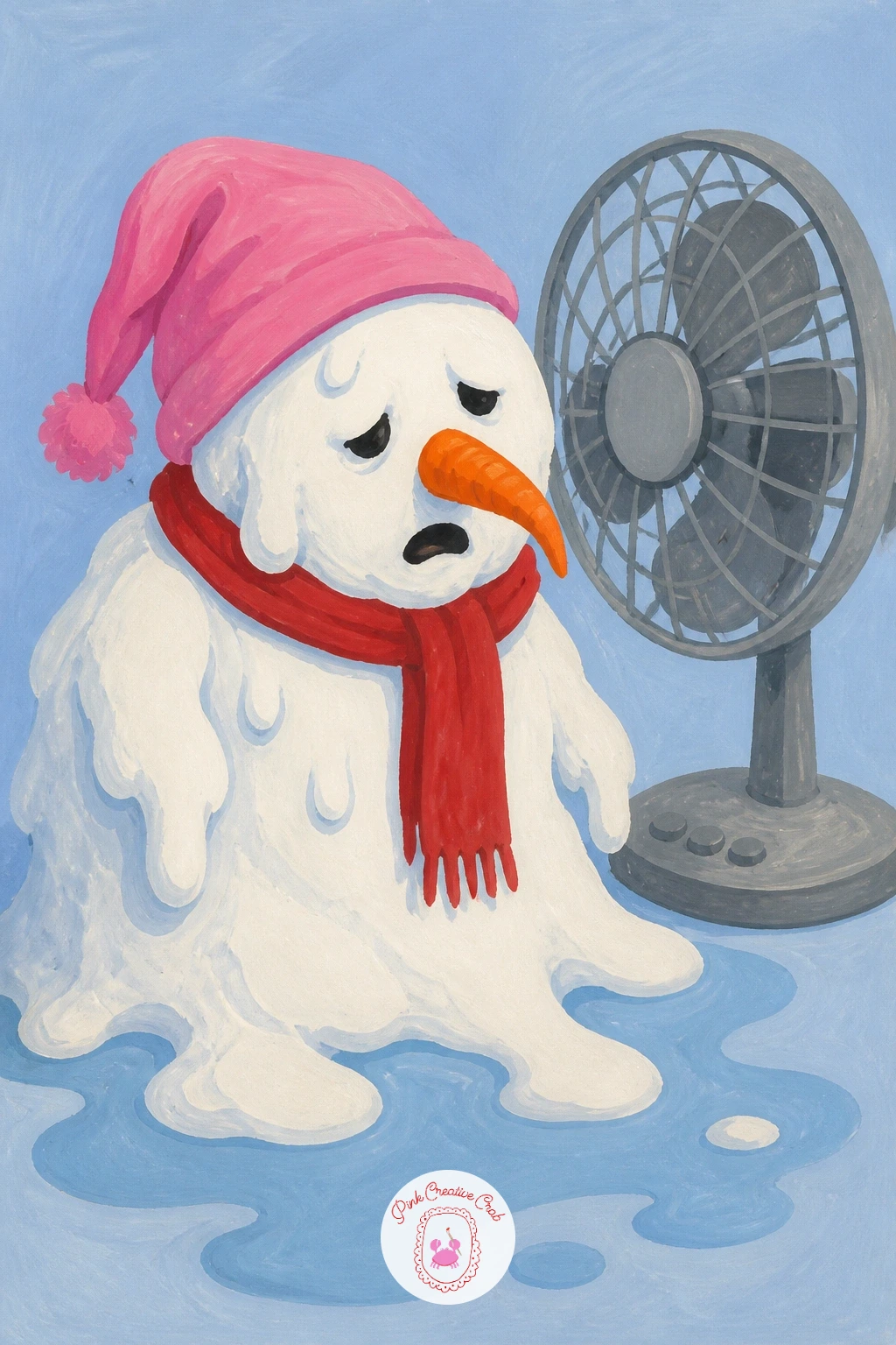 Melting Snowman With A Fan — Turn the joke on its head with a snowman melting dramatically in front of an electric fan. Christmas snowman painting