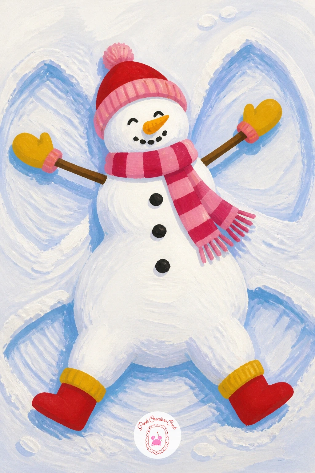 Snowman Making Snow Angels — Get playful with perspective on a snowman lying flat on his back making snow angels, arms and legs swept wide. Christmas snowman
