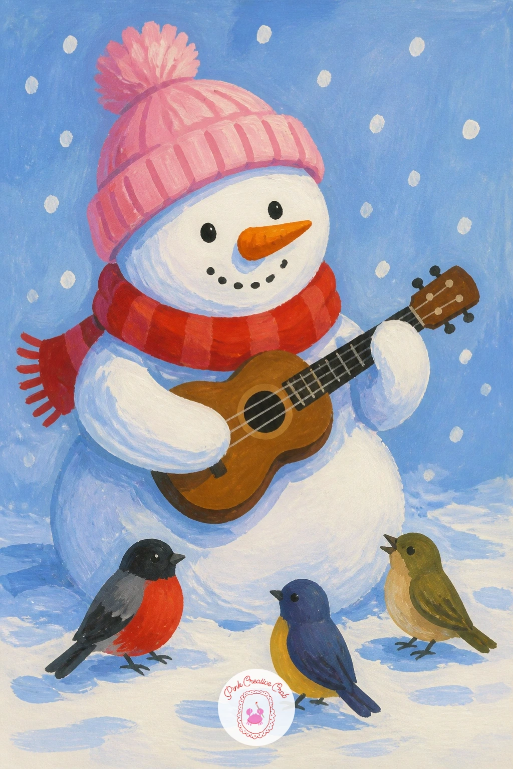 Snowman Playing Guitar For Birds — Add a little whimsy with a snowman strumming a small guitar while a few birds gather to listen. Christmas snowman painting