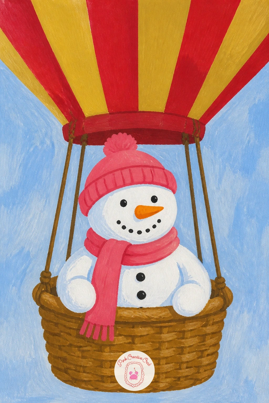 Snowman In A Hot Air Balloon — Lift the scene off the ground entirely with a snowman riding in a small hot air balloon basket. Christmas snowman painting