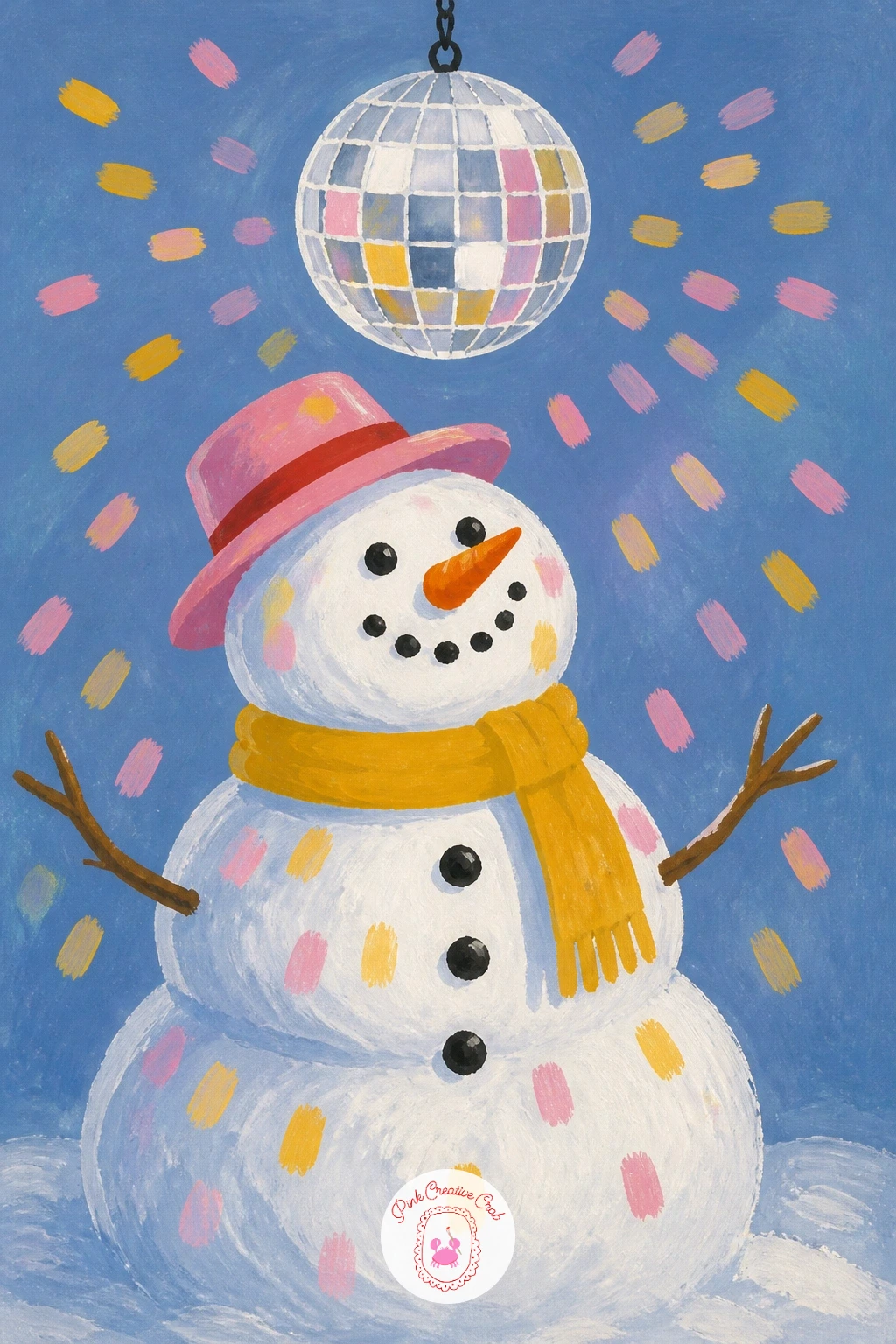 Snowman With A Disco Ball — Bring in some sparkle with a snowman standing beneath a hanging disco ball. Christmas snowman painting