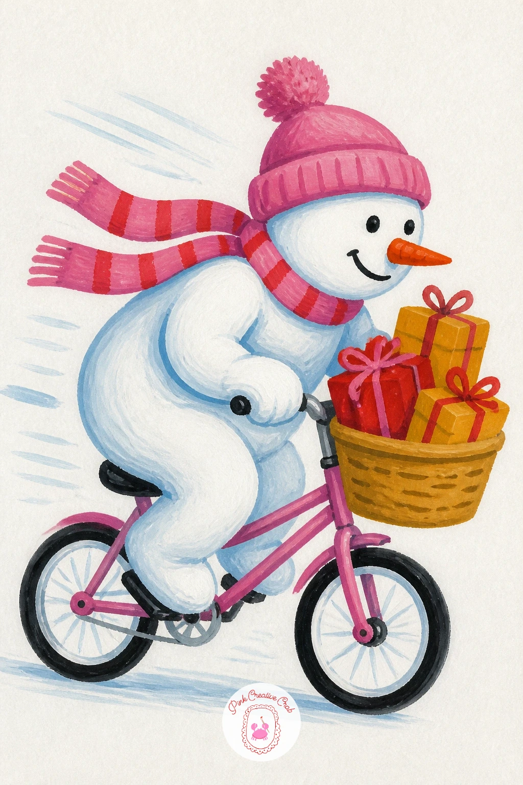 Snowman Delivering Presents On A Bike — Add some motion with a snowman riding a small bicycle, a stack of wrapped presents balanced in the front basket.