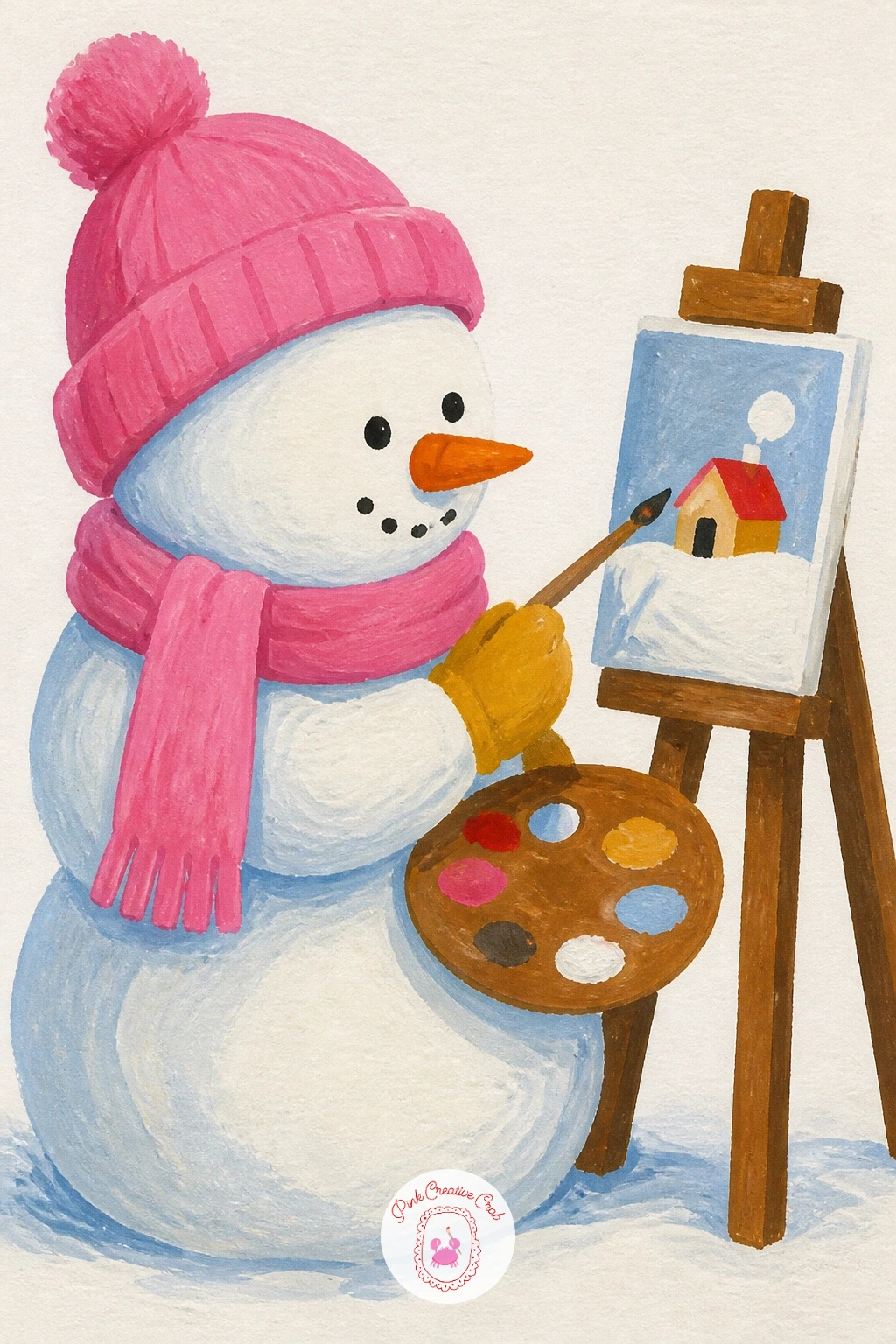 Snowman Painting A Picture — Turn the joke inward with a snowman standing at a tiny easel, painting his own picture. Christmas snowman painting