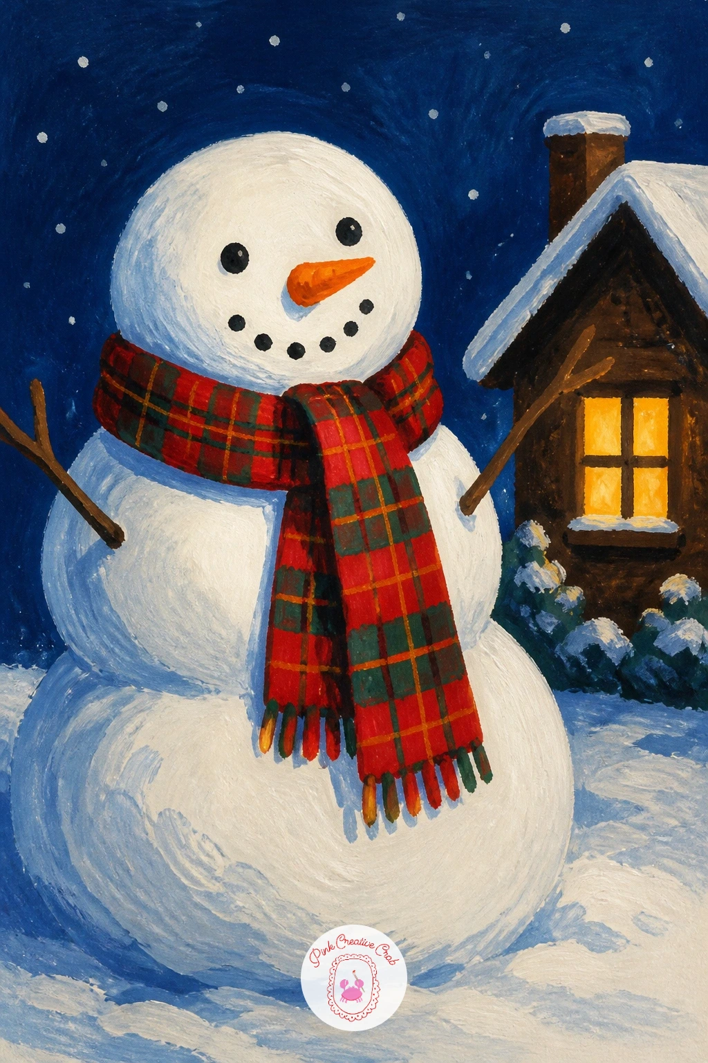 Snowman By A Lit Cabin In Tartan Scarf — Settle into a cozier mood with a snowman wrapped in a tartan scarf standing beside a small glowing cabin. Christmas
