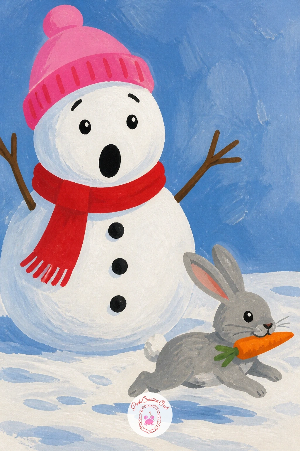Snowman With Carrot Stolen By A Rabbit — End the mischief section with a snowman caught mid-surprise as a small rabbit makes off with his carrot nose.
