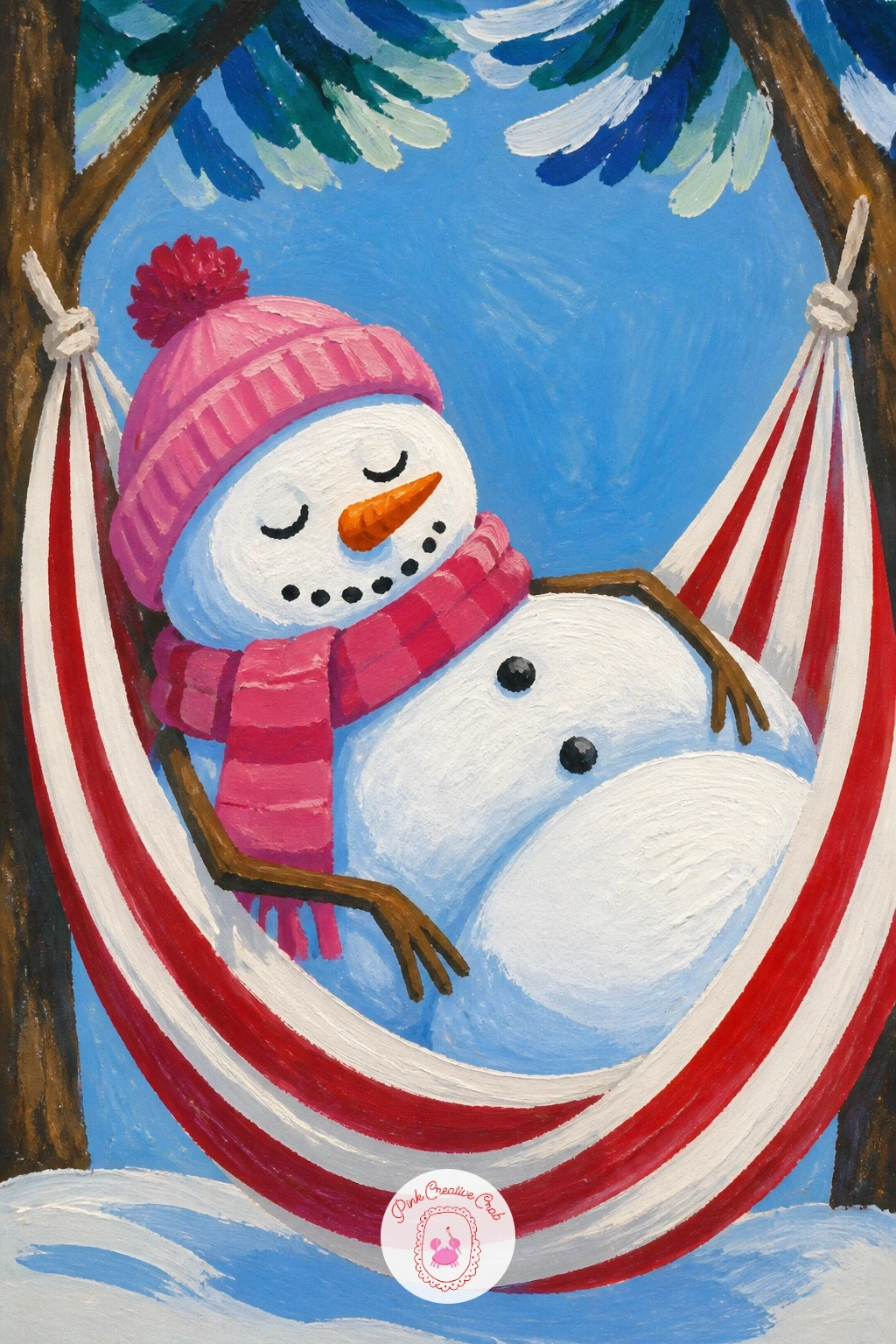 Snowman Napping In A Hammock — Slow everything down with a snowman dozing in a little hammock strung between two unseen points. Christmas snowman painting
