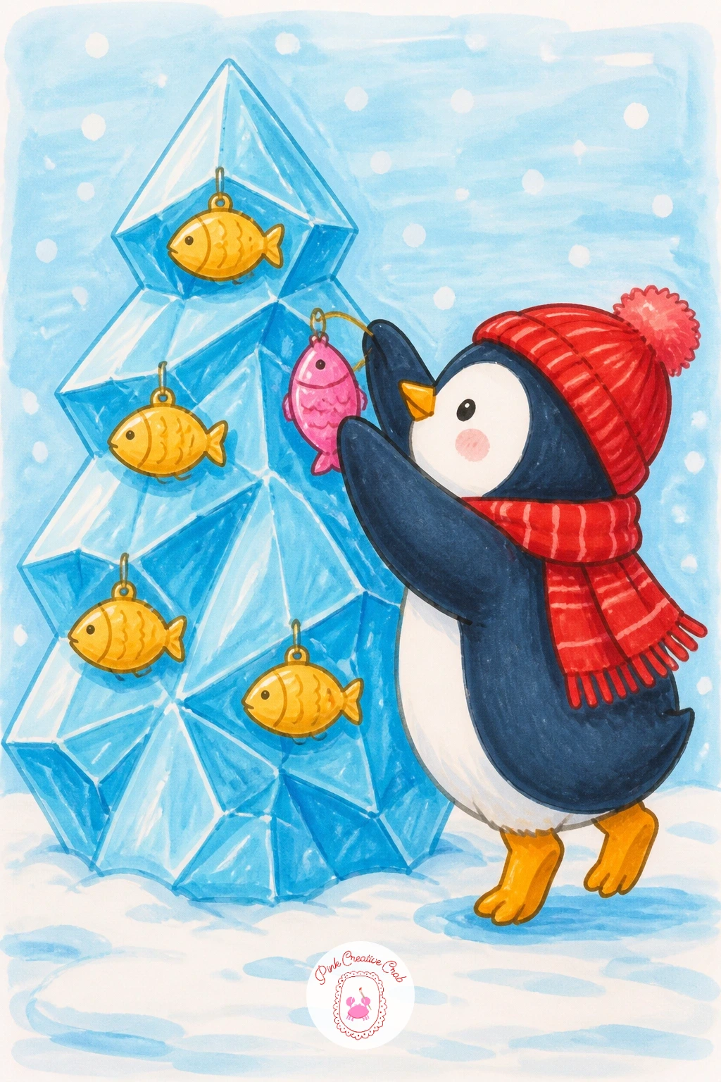 Penguin Decorating an Ice Tree With Fish Ornaments — Move from motion to a quieter scene: a penguin on tiptoe, reaching up to hang a little fish-shaped