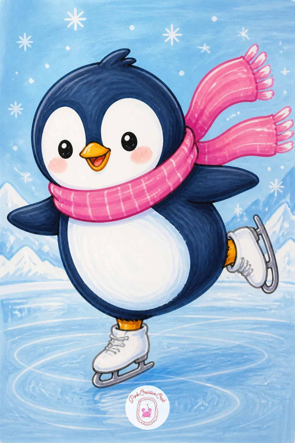 Penguin Ice Skating in a Pink Scarf — Start with the easiest pose in the whole set: a penguin gliding on one foot, wings out for balance, on a sheet of pale