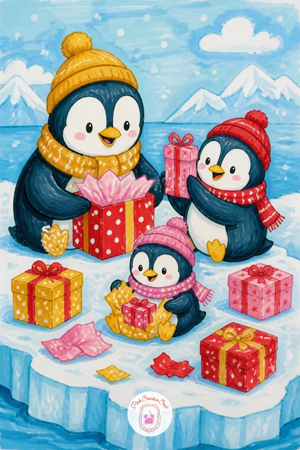 Penguin Family Opening Presents on an Iceberg — Here is the first group scene, so give yourself a little more room on the page. Christmas penguin drawing
