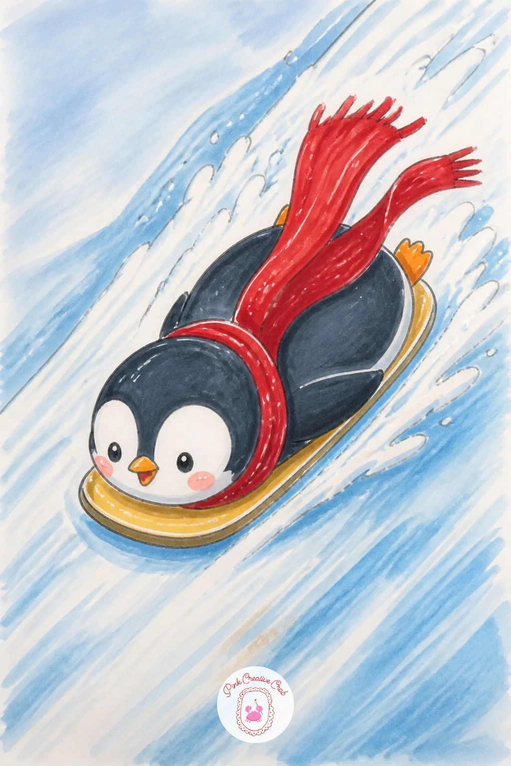 Penguin Sledding Down a Snowy Hill — Bring the energy back up with a penguin flat on its belly, sledding headfirst down a snowy slope. Christmas penguin drawing