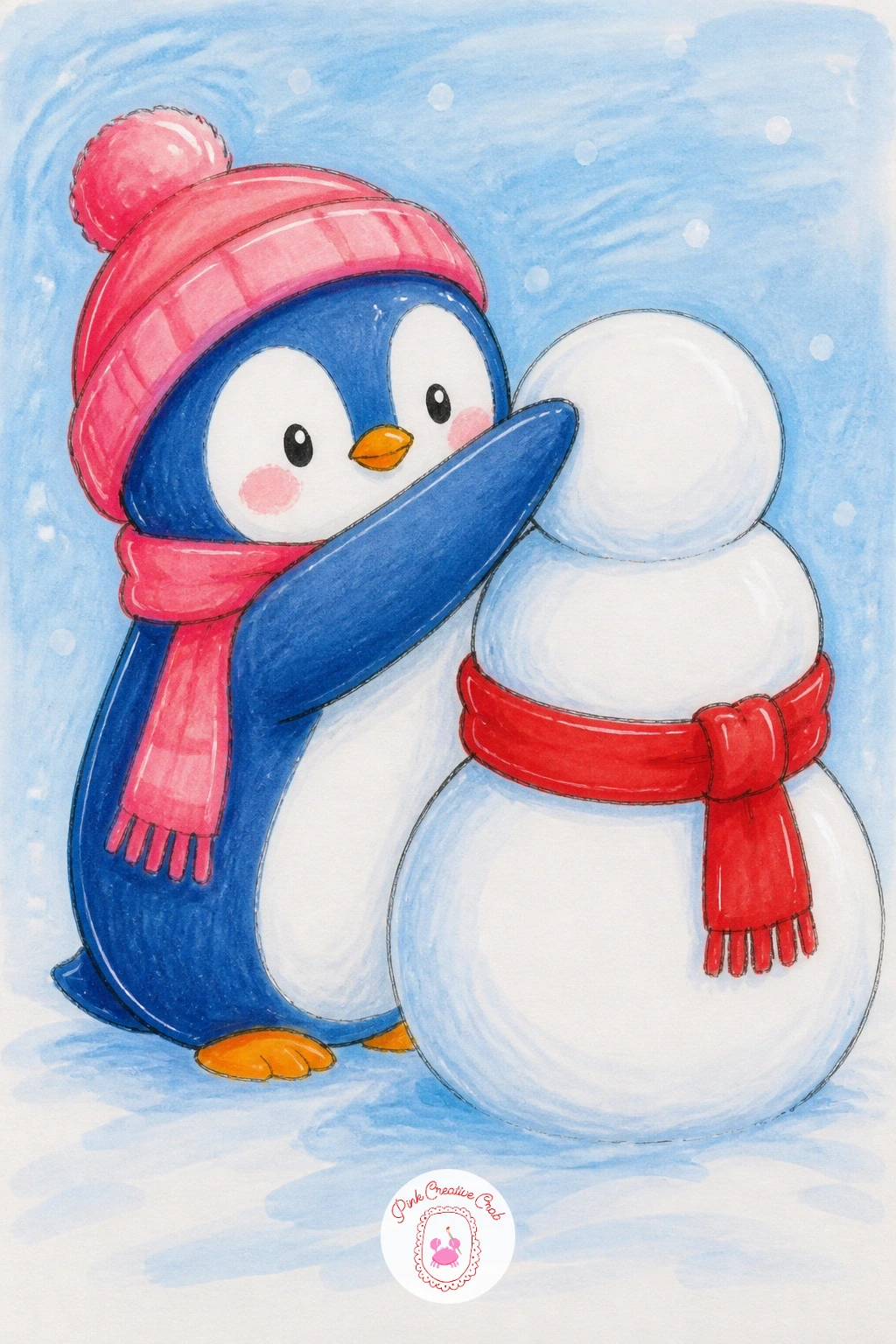 Penguin Building a Snowman — Give the penguin a task that needs both wings: patting the top ball of a snowman into place. Christmas penguin drawing