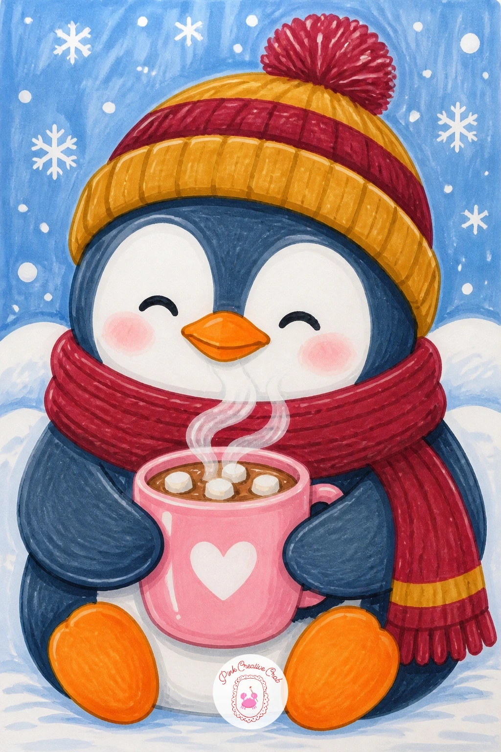 Penguin Drinking Cocoa in a Knitted Hat — After two active scenes, slow down with a close-up: a penguin sitting, both wings curled around a steaming mug