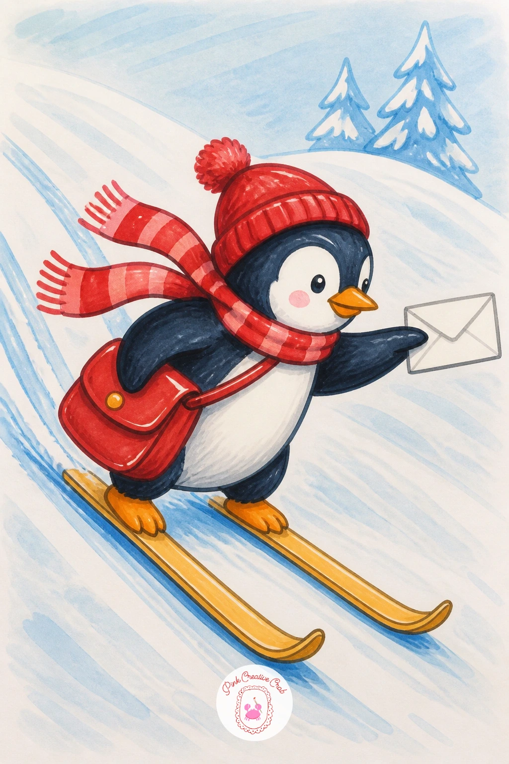 Penguin Delivering Mail on Skis — Give the penguin a job: gliding along on skis with a mailbag slung over one wing and a letter held out in the other.