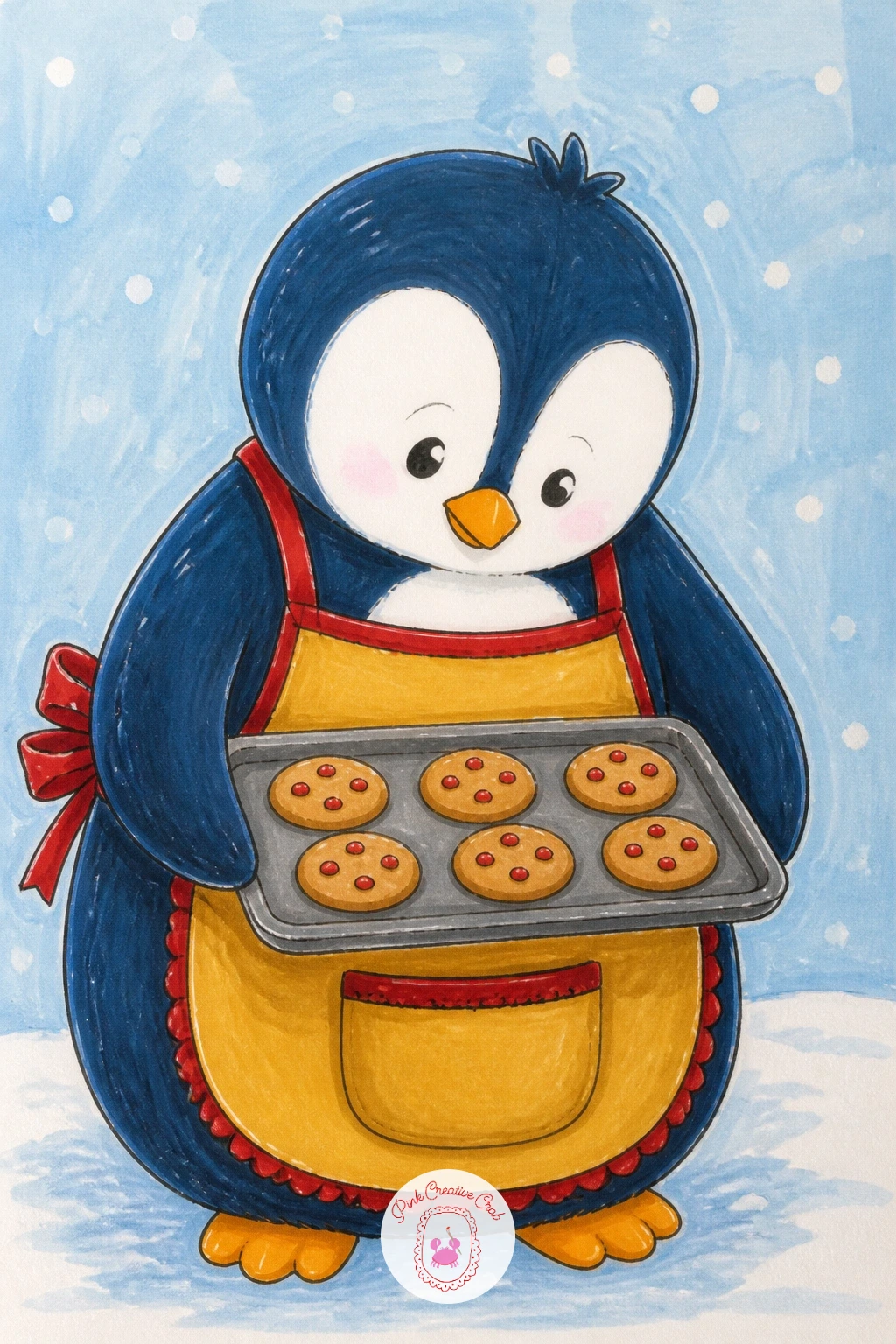 Penguin Baking Cookies in an Apron — Bring the scene indoors with a penguin standing at an imaginary counter, wearing a little apron and holding a tray of