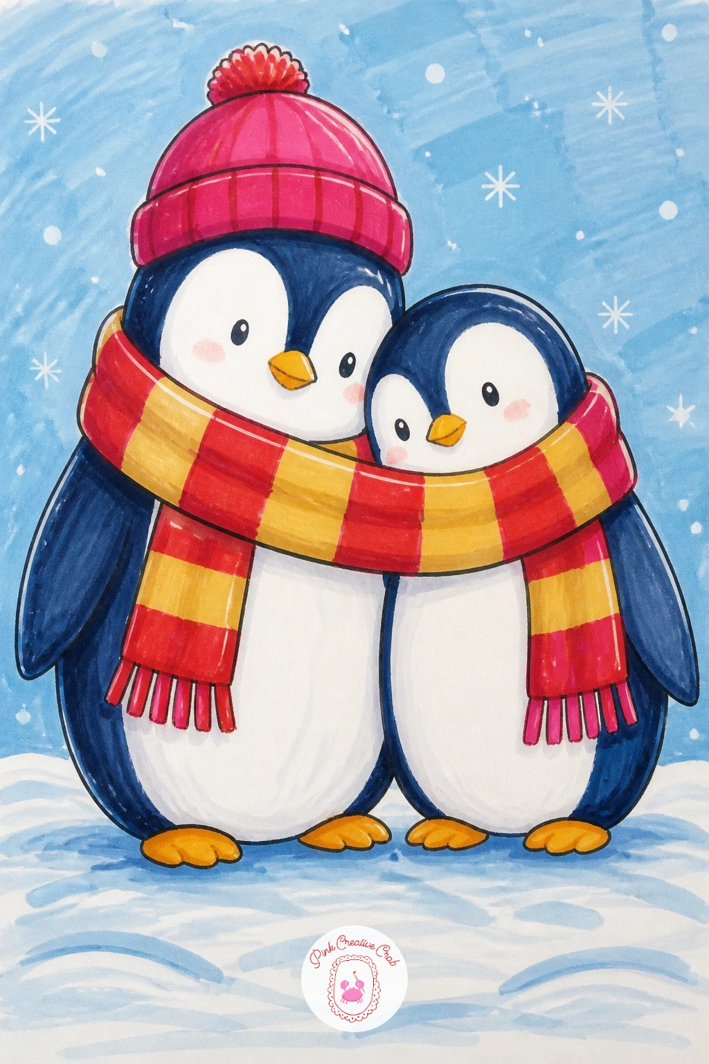 Two Penguins Sharing a Scarf — For the first real duo, draw two penguins standing close together, one long striped scarf wrapped around both of their necks and