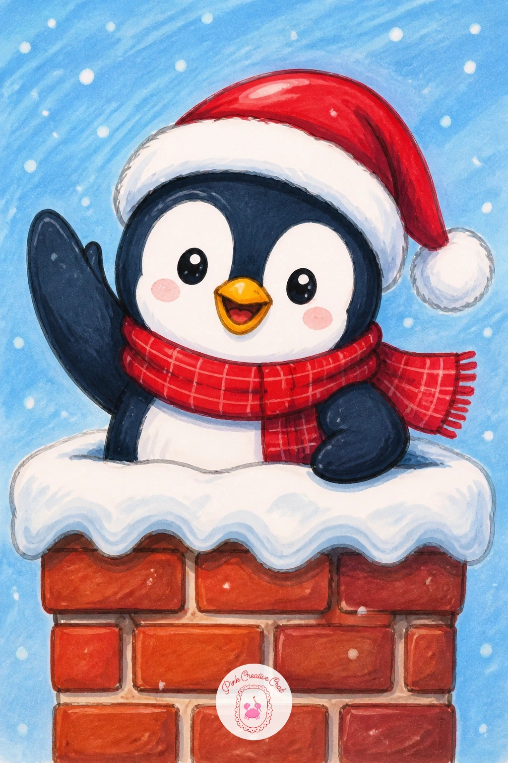 Penguin in a Santa Hat Waving From a Chimney — Give the page a bit of a frame this time: a brick chimney top with a penguin poking out of it, waving one wing