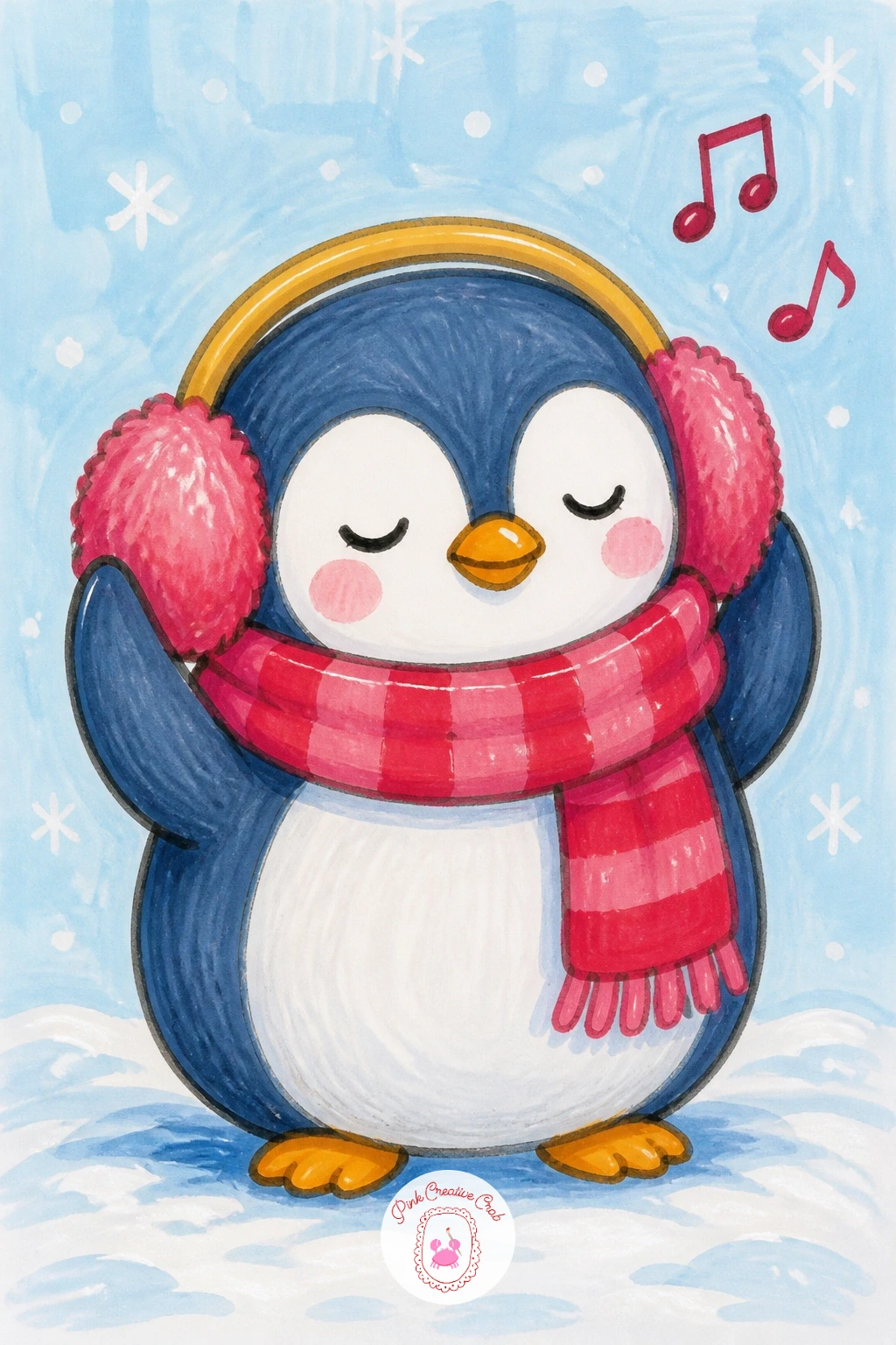 Penguin With Earmuffs Listening to Music — Keep the mood relaxed with a penguin standing still, eyes closed, big fuzzy earmuffs on, clearly somewhere else