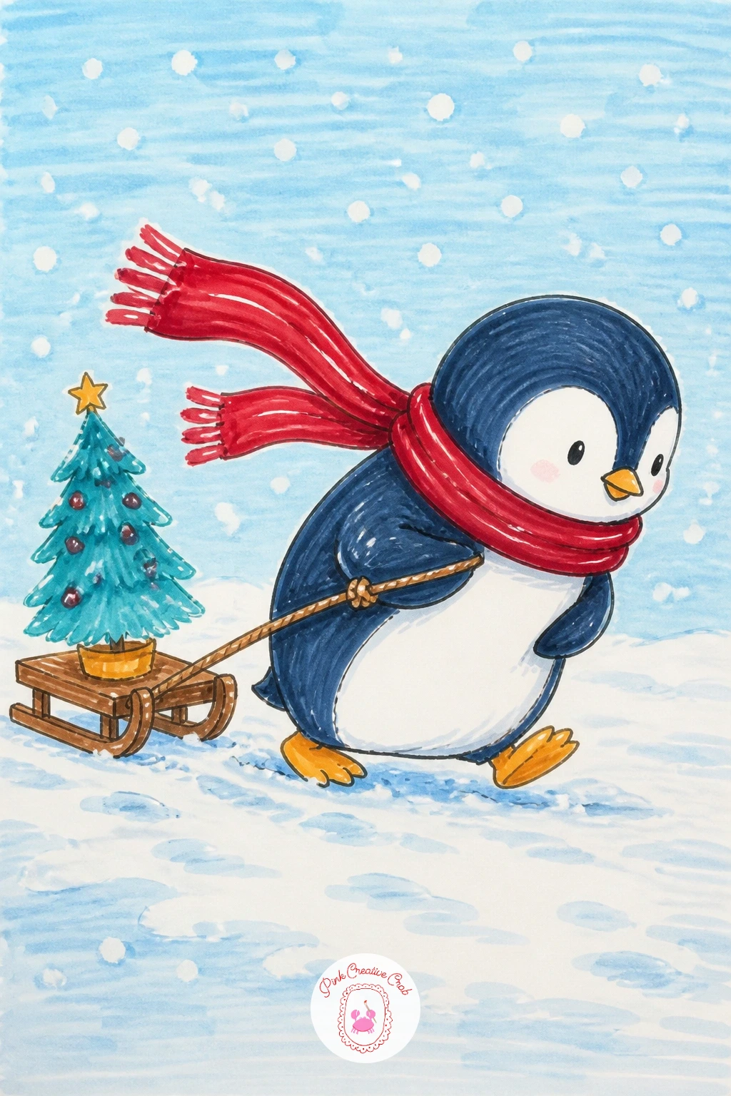 Penguin Pulling a Tiny Tree on a Sled — Return to a full scene with a penguin trudging forward, pulling a small sled loaded with an undersized Christmas tree