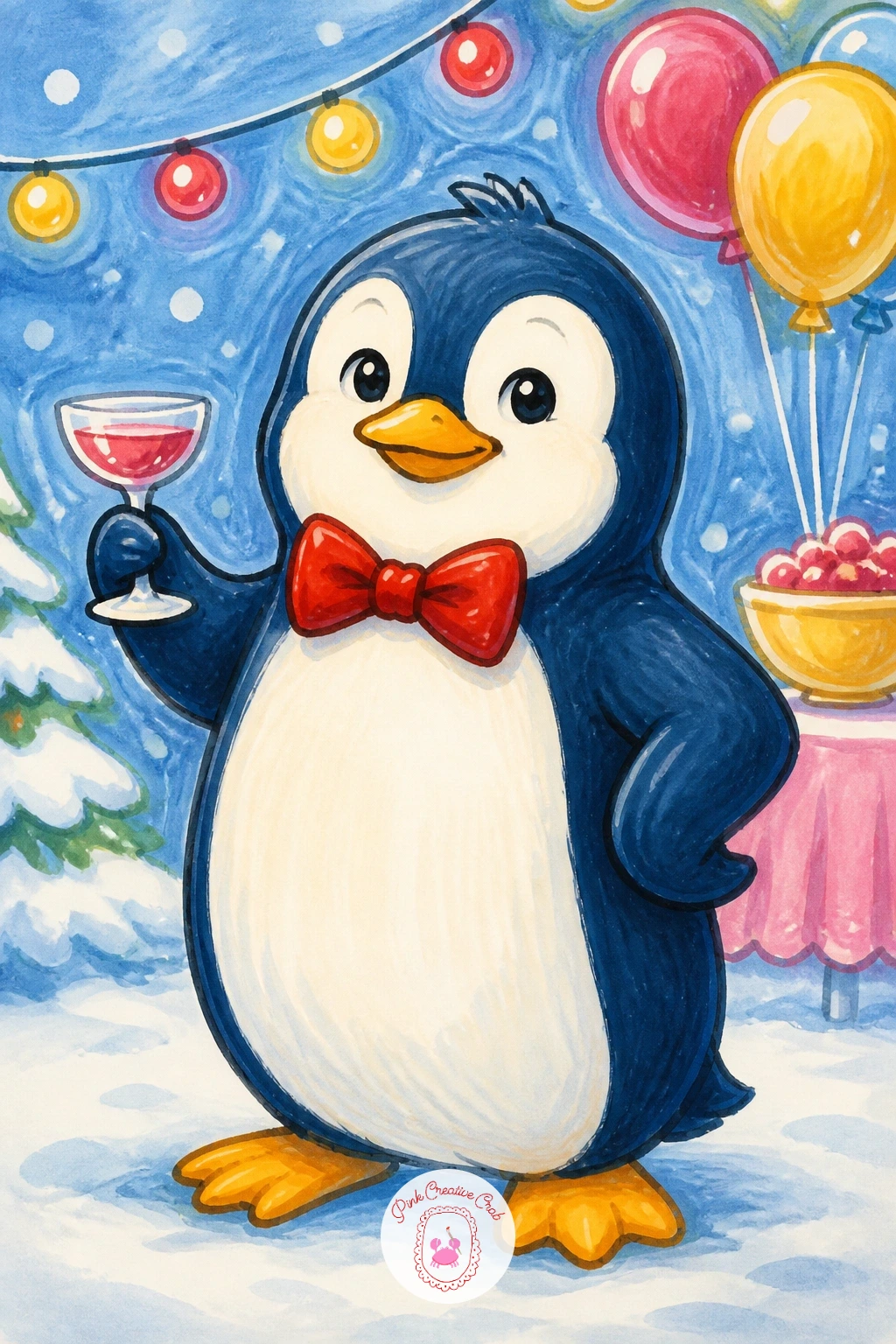 Penguin at a Holiday Party With a Bow Tie — Dress the penguin up for once: a neat little bow tie at the neck, standing a bit formally, maybe holding a tiny