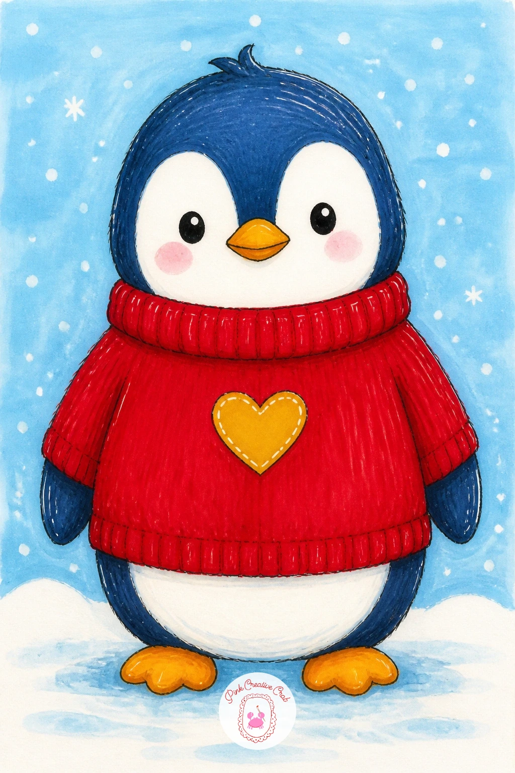 Penguin Wearing a Red Sweater With a Heart — Keep the pose plain and let the clothing do the talking: a penguin standing front-on in a simple knitted sweater