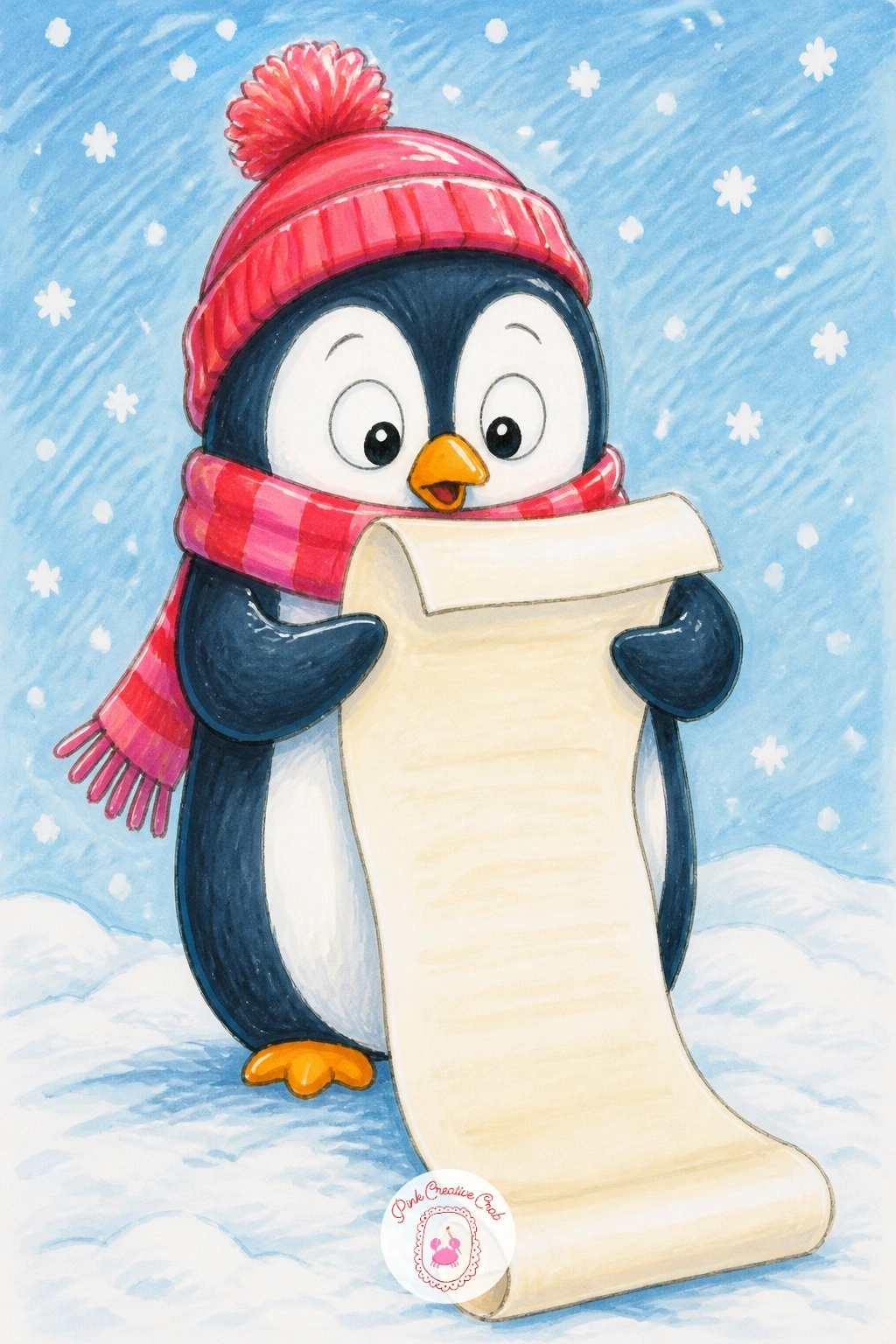 Penguin Reading a Wish List — Give the penguin a long unrolled scroll of paper, trailing almost to the ground, clearly a wish list that got a little out of