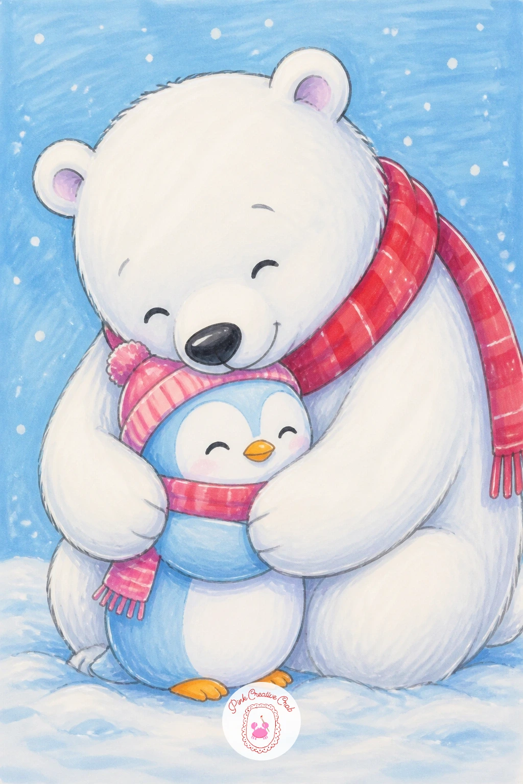 Penguin and a Polar Bear Hugging — Pair the penguin with a much larger friend this time: a polar bear bent down low, wrapping both arms around the penguin in a