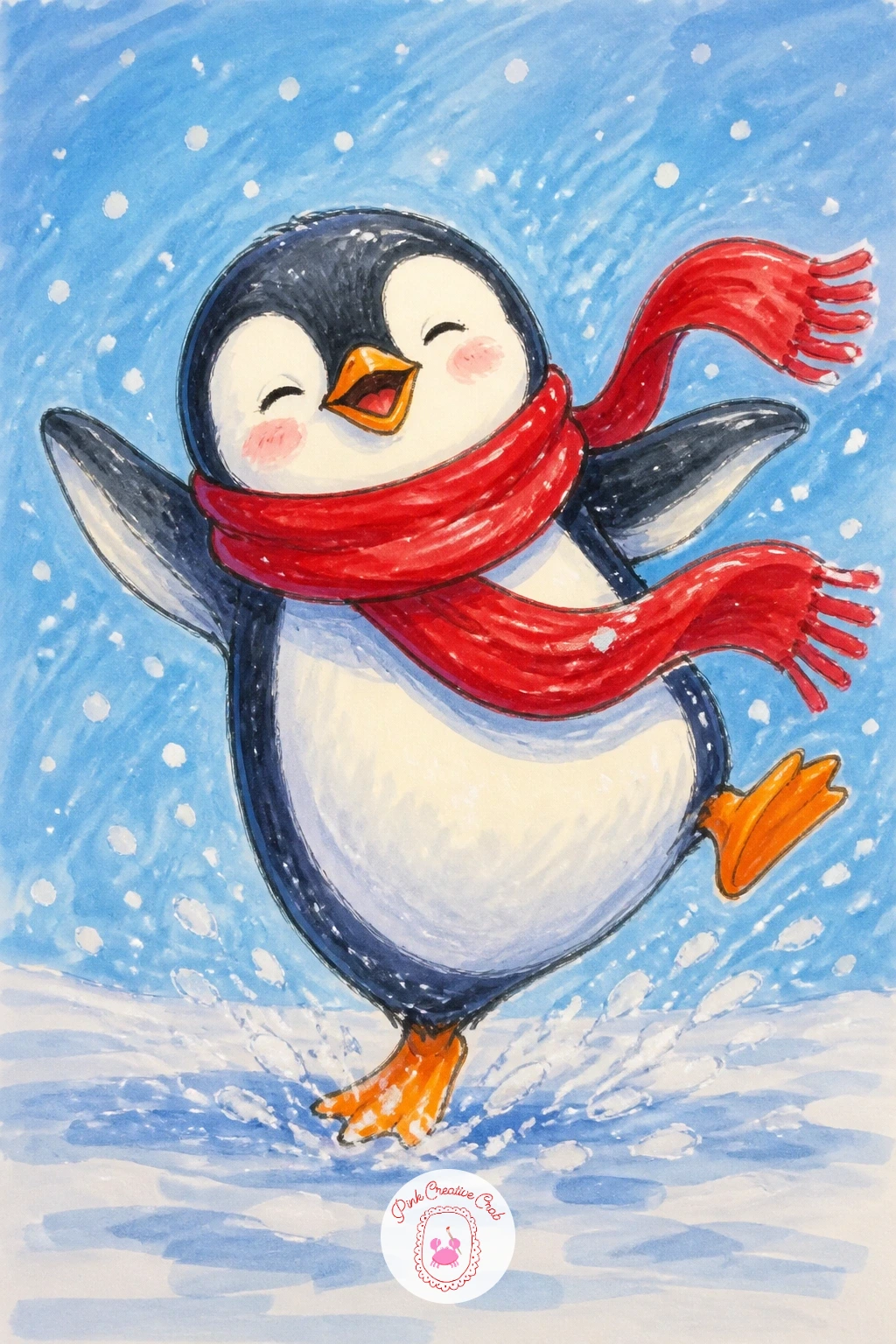 Penguin Dancing in the Snow — Loosen up with a penguin caught mid-spin, one foot lifted, wings flung wide, snow kicked up around its feet. Christmas penguin