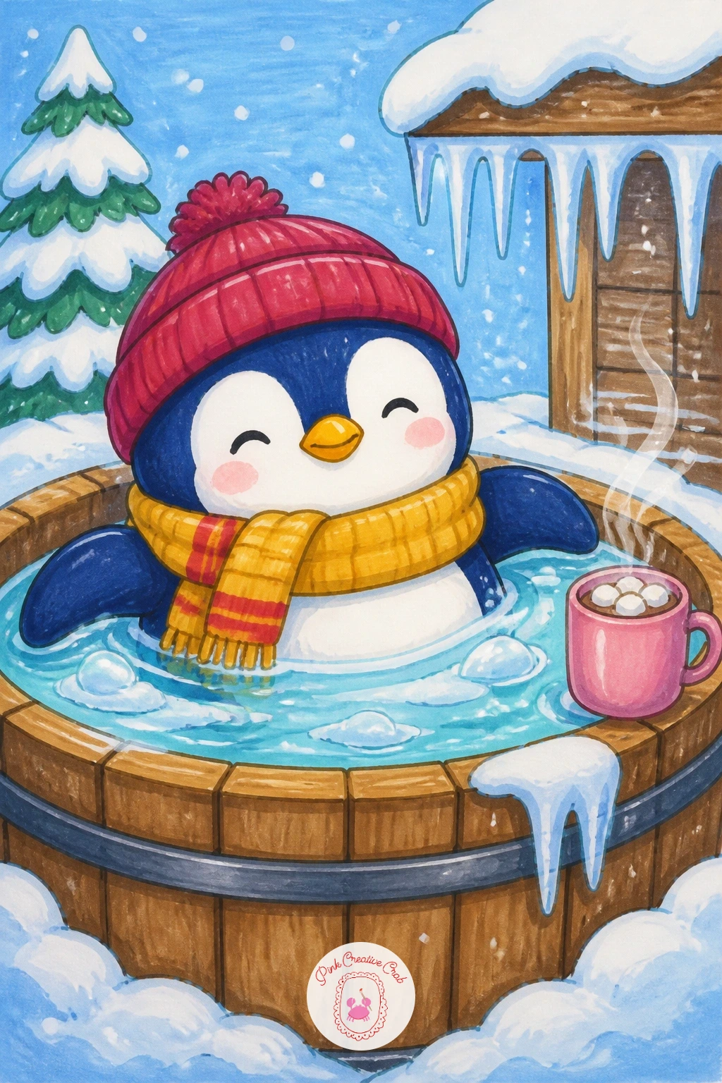 Penguin in a Hot Tub With a Cocoa — Flip the usual cold setting on its head with a penguin relaxing in a steaming hot tub, mug of cocoa balanced on the rim.