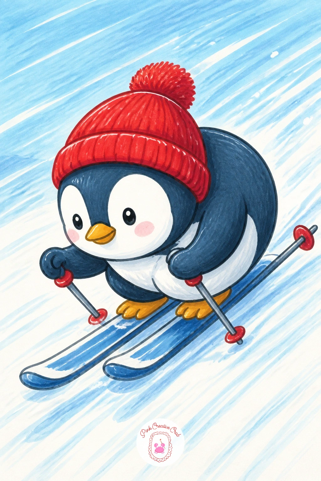 Penguin Skiing With Poles — Come back outdoors with a penguin fully kitted out for downhill skiing, both poles planted, knees bent low in a racing crouch.