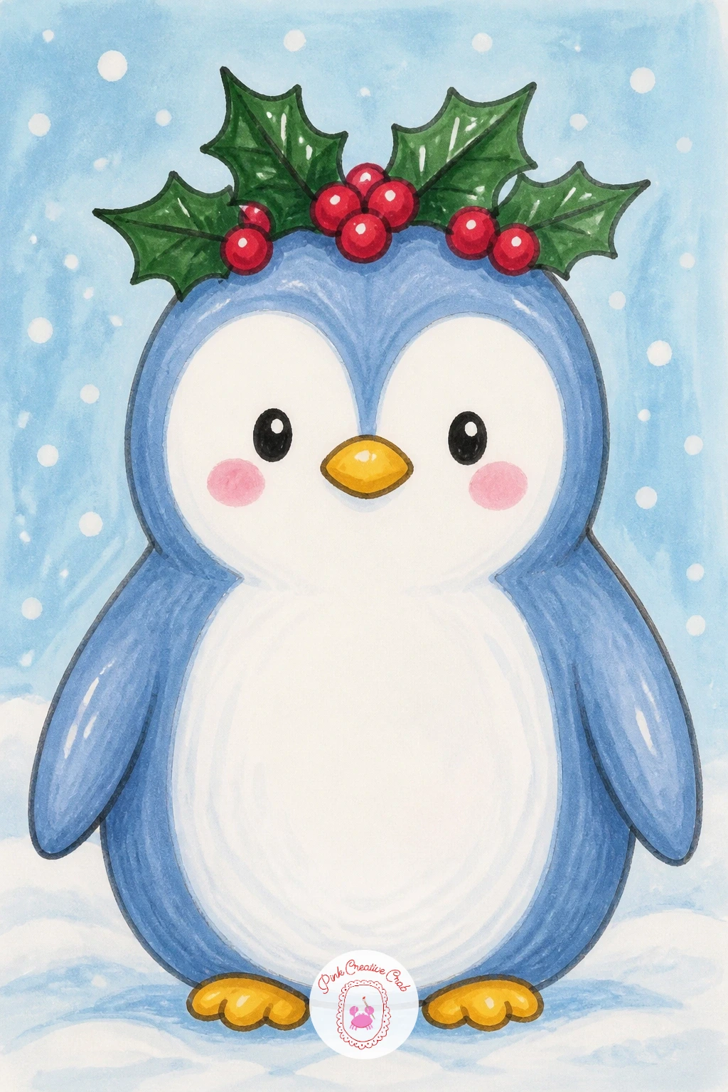 Penguin Wearing a Crown of Holly — Give the penguin a moment of quiet royalty: a simple ring of holly leaves and berries sitting on its head like a small