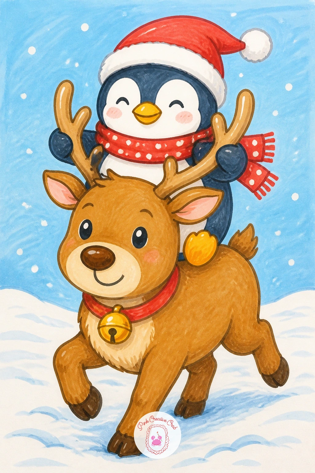 Penguin Riding a Reindeer — Pair the penguin with a reindeer for a scene with real height contrast, penguin perched up on the reindeer's back, both wings