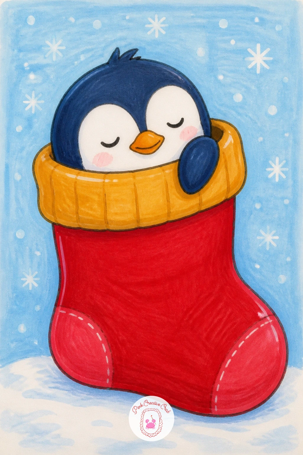 Penguin Napping in a Stocking — Slow right down with a penguin curled up fast asleep inside an oversized stocking hung on a mantel, just the head poking out