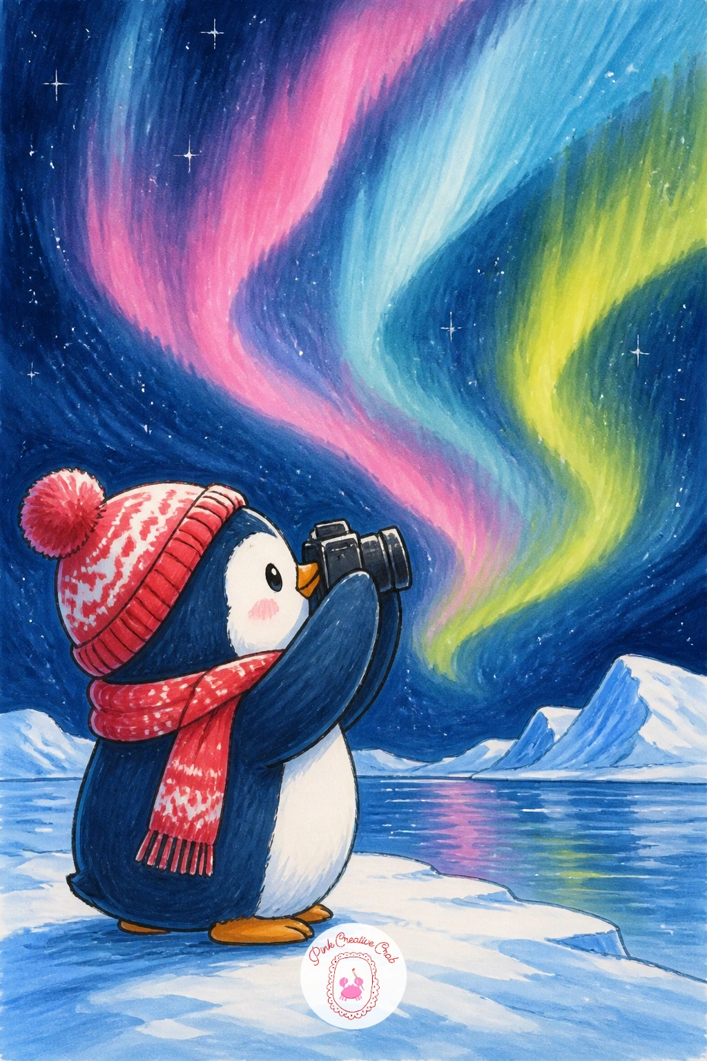 Penguin Taking a Photo of the Northern Lights — Give the page a quiet night sky moment: a penguin standing small against a wide dark background, holding a
