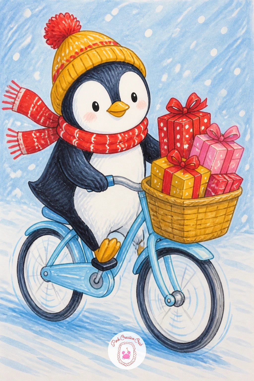 Penguin on a Bike With a Basket of Gifts — Put the penguin on two wheels, pedaling along with a basket of wrapped gifts balanced on the handlebars. Christmas
