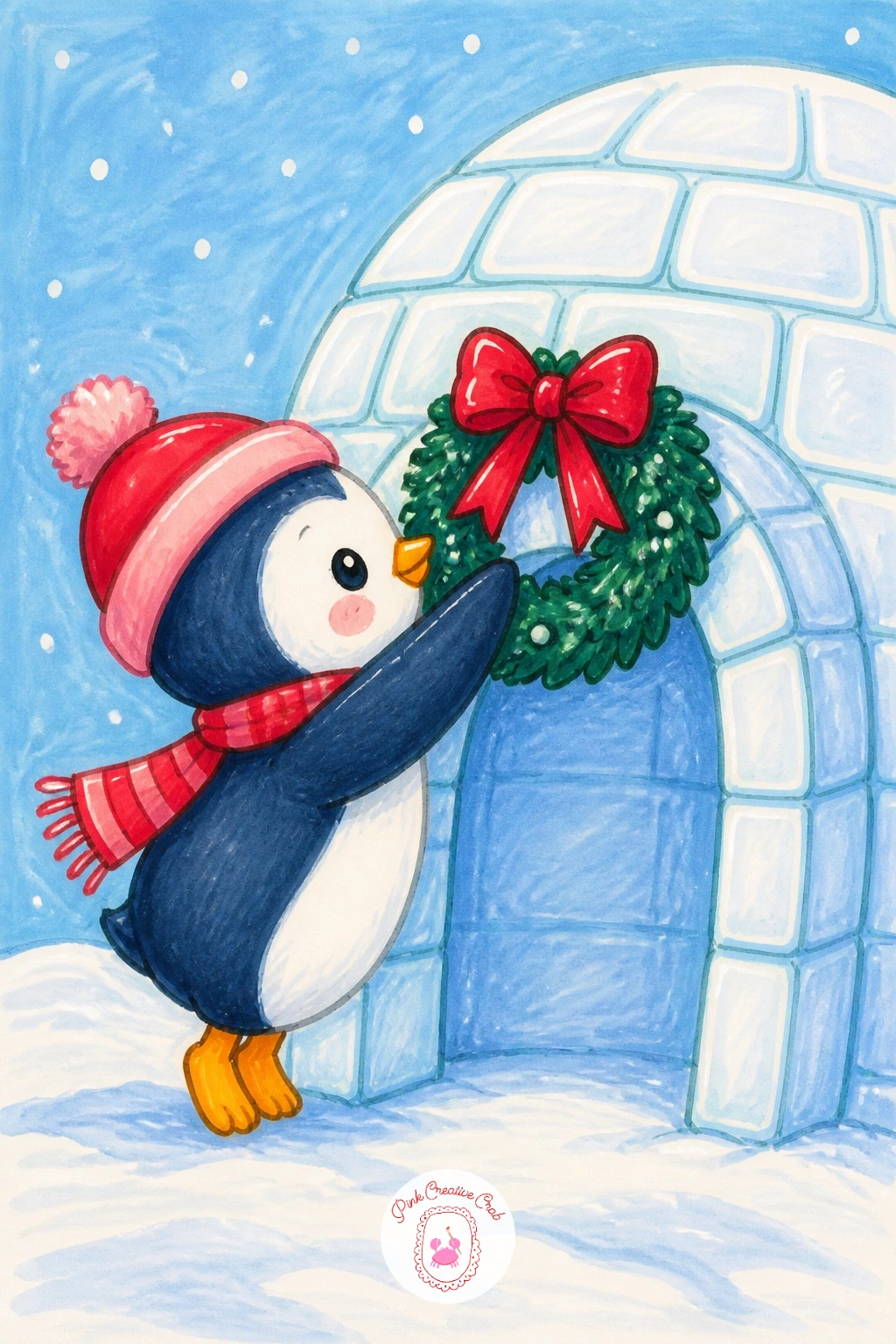 Penguin Hanging a Wreath on an Igloo — Bring the holiday decorating home with a penguin reaching up to hang a wreath on the round doorway of an igloo.