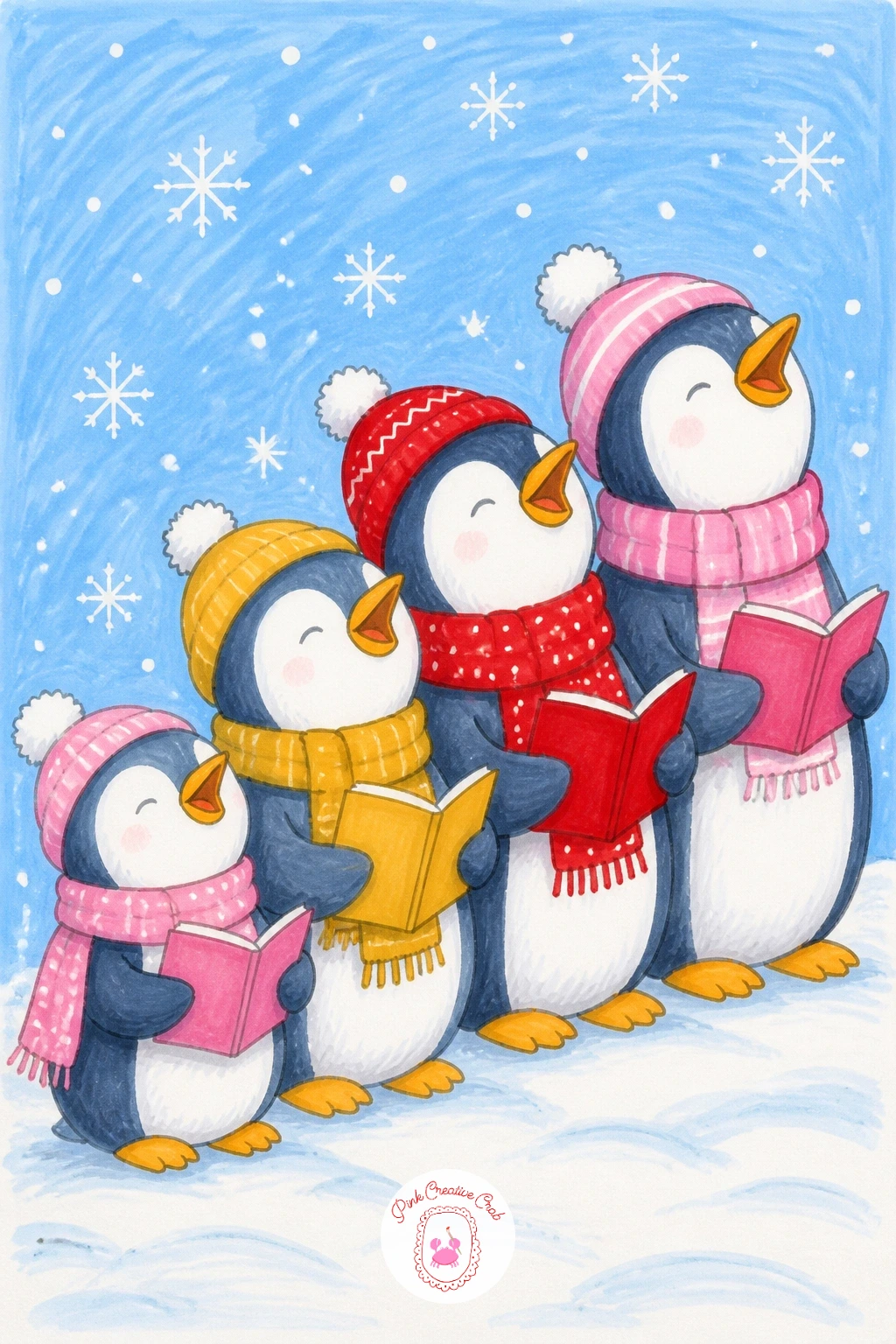 Penguin Choir Singing Carols — Gather a small group for this one: three or four penguins lined up in a row, beaks open, each holding a little songbook, clearly