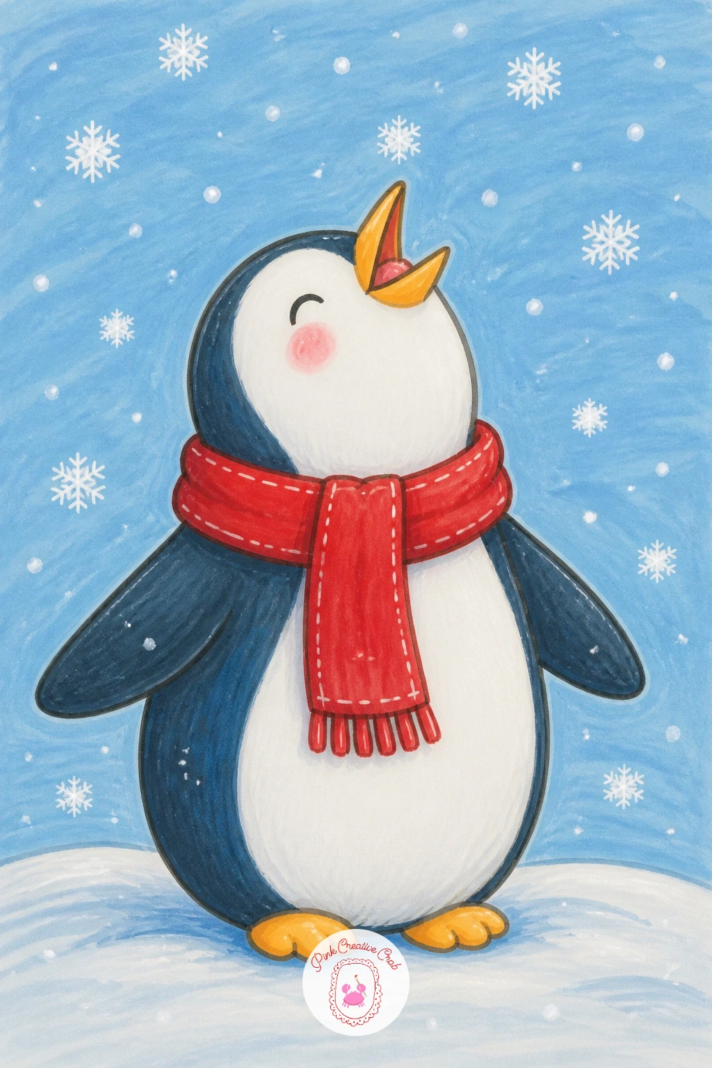 Penguin Catching Snowflakes — End the active scenes with something simple and joyful: a penguin standing still, head tipped back, tongue out, catching