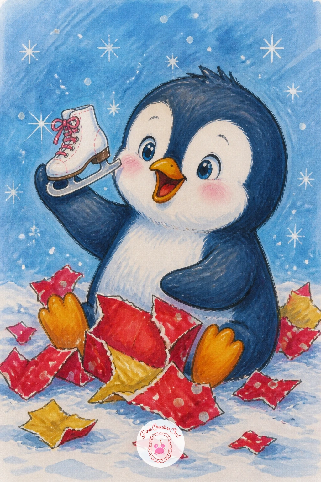 Penguin Unwrapping a Tiny Ice Skate — Close the set with a quiet, satisfying moment: a penguin sitting with torn wrapping paper in its lap, holding up one
