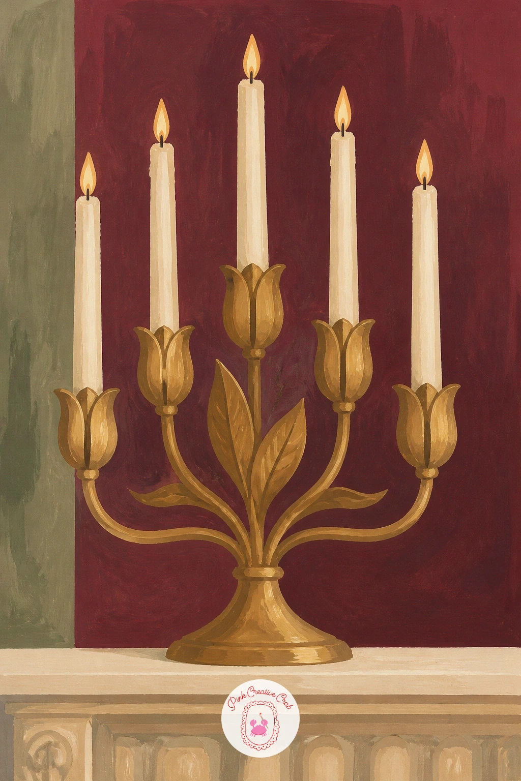 Brass Tulip Candelabra With Cream Taper Candles — Move from the table to the mantel for the brass tulip candelabra, a shape that is replacing plain gold