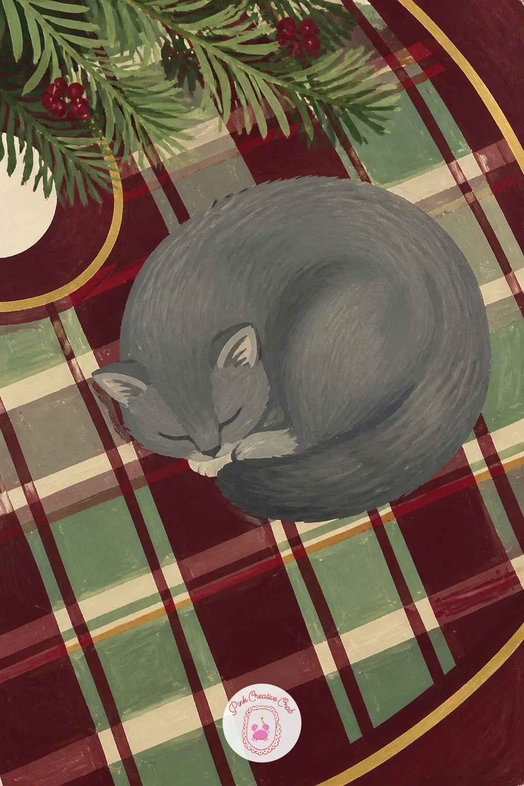 Tartan Tree Skirt With a Sleeping Cat — Bring a pet into the scene with a tartan tree skirt and a cat curled asleep on top, a cozy combination that softens the