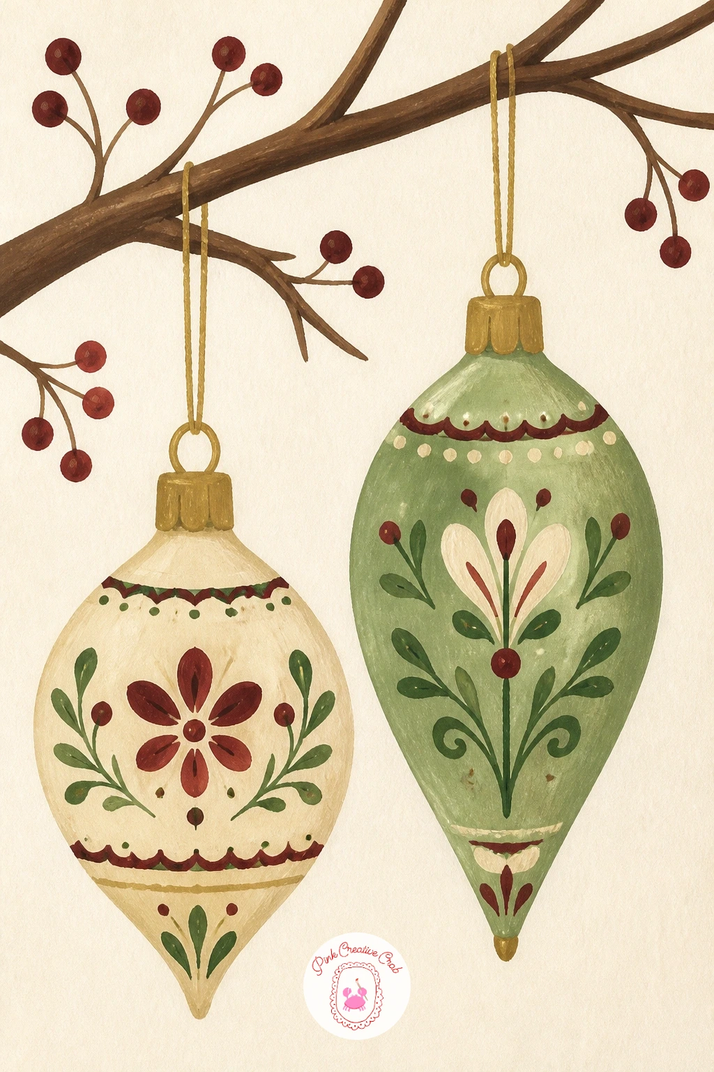 Hand-Painted Folk Ornaments on a Branch — Slow down for a quieter detail next: hand-painted folk ornaments hanging from a bare branch, the kind of rustic