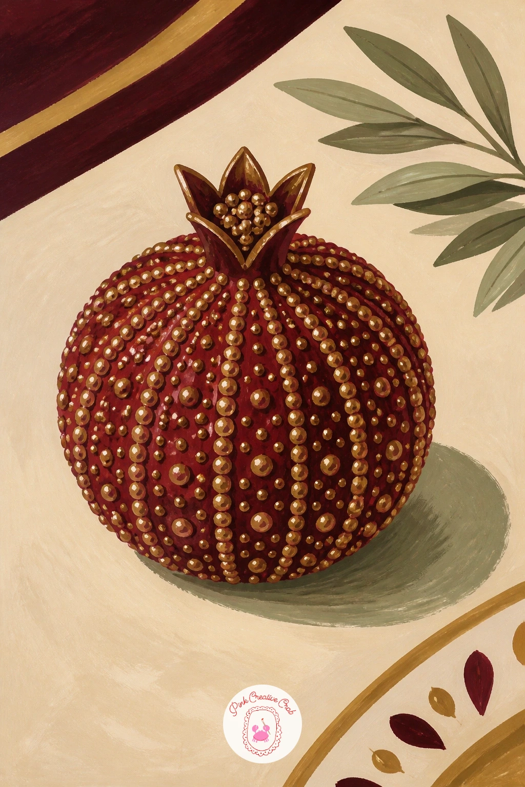 Beaded Pomegranate Ornament on a Dinner Table — Zoom in tight on one small object next: a beaded pomegranate ornament sitting on a dinner table, a detail piece