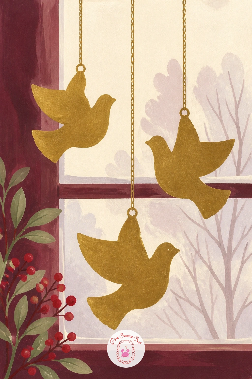 Metal Dove Ornaments Hanging From a Window — Shift to something more linear with metal dove ornaments hanging from a window, a minimalist shape that is popular